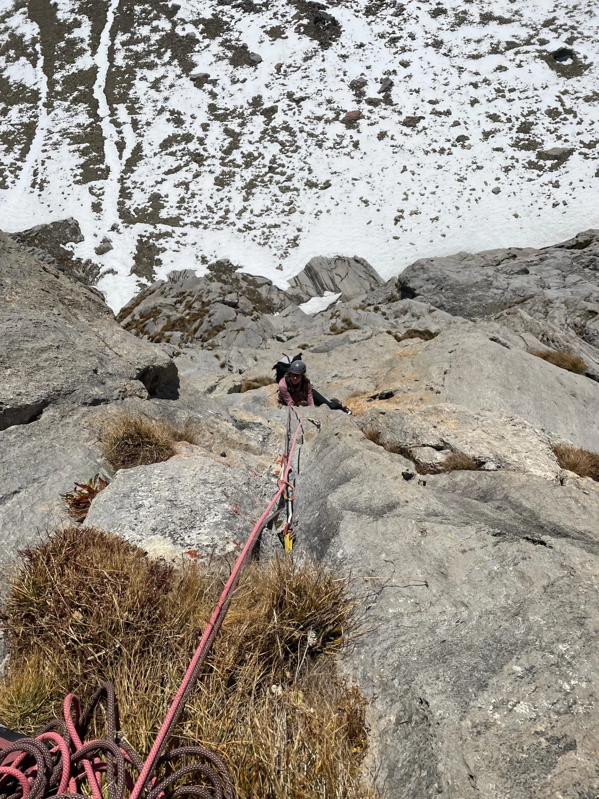 Climbing ropes on a rocky route at Rote Wand.