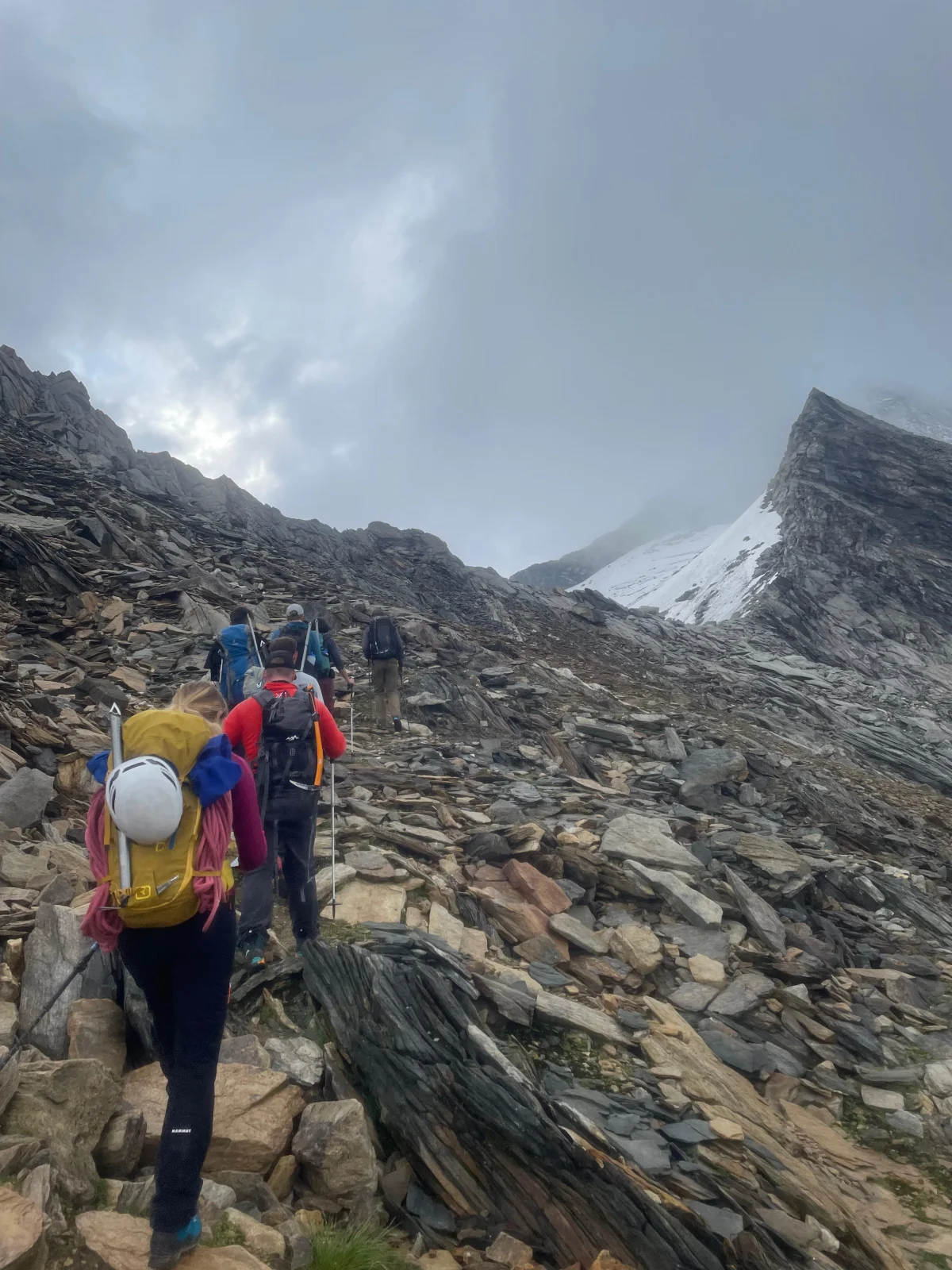 Beginner-Friendly Glacier and Mountaineering Course: Mountaineering group on a stony path towards a glacier.