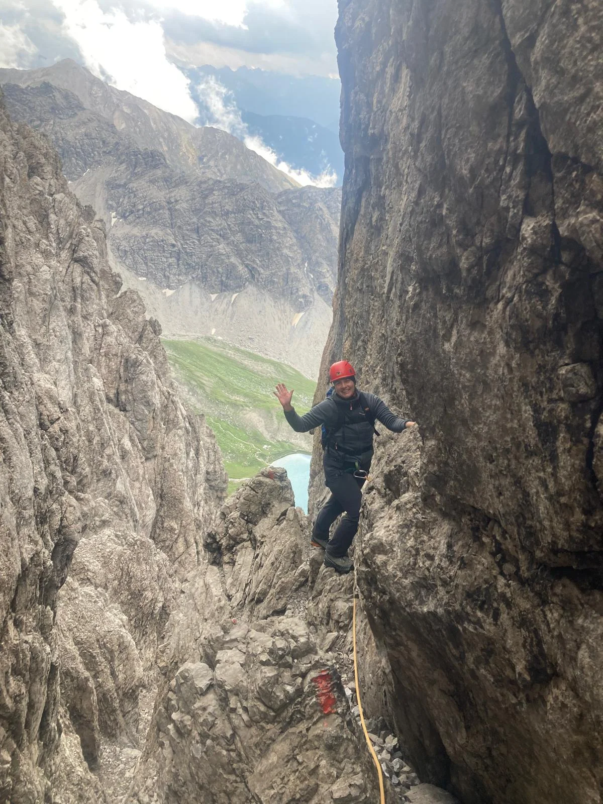 Dremelspitze – One of the Most Beautiful Peaks in the Lech Valley: Climber in a narrow rock gorge.