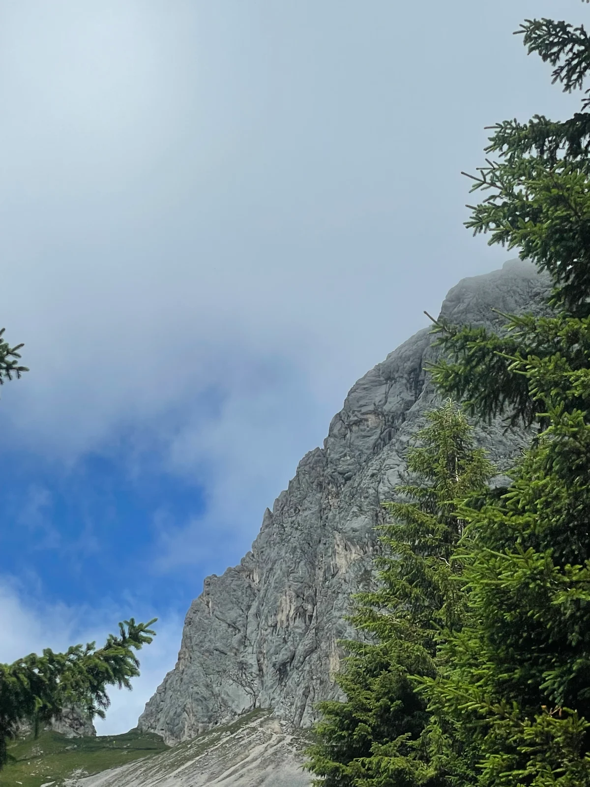 Gimpel West Ridge – Climbing Tour with Mountain Guide in the Tannheim Valley: Rocky ridge above conifers beneath gathering clouds.