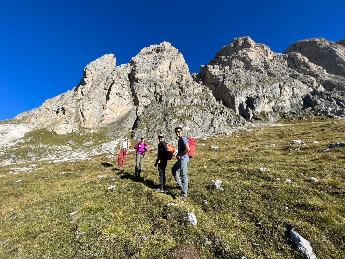 Große Fermeda Normal Route – with Mountain Guide: Hiking group approaching across an alpine meadow.