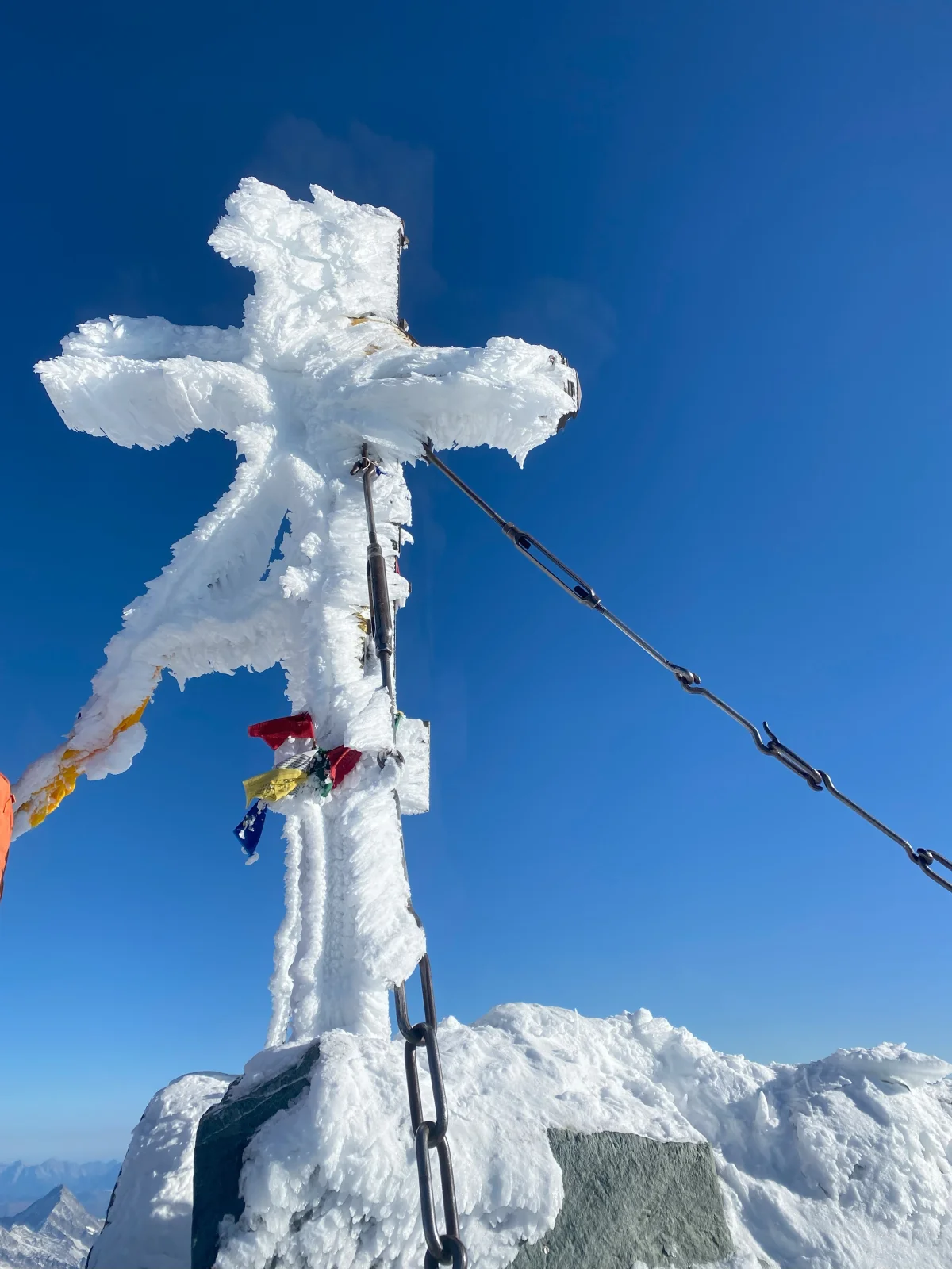 Großglockner Normal Route via Stüdlhütte: Ice-covered summit cross against a blue sky.