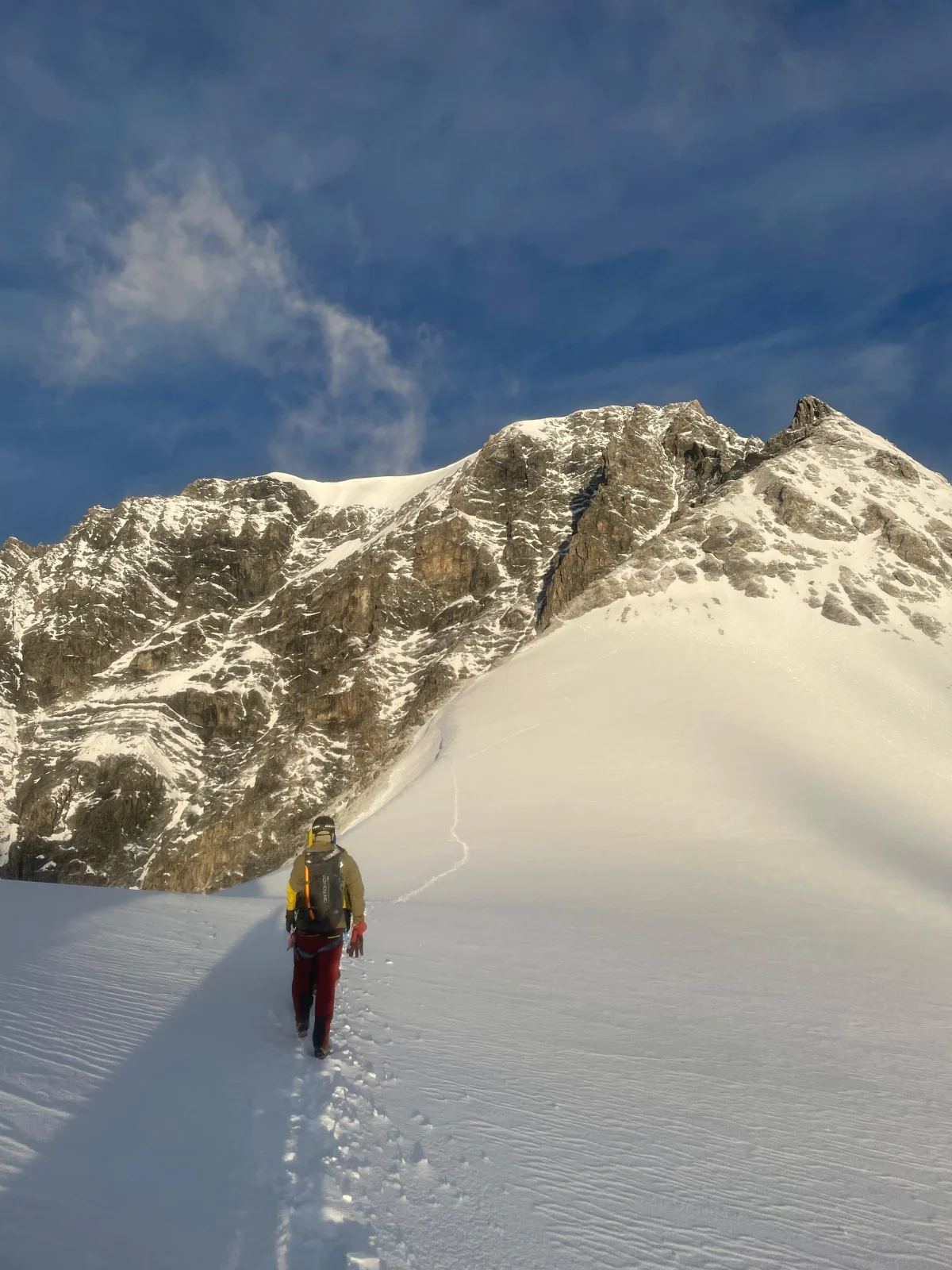 Ortler Hintergrat with a Mountain Guide: Mountaineer on a snow ridge trail beneath a cloudy sky.