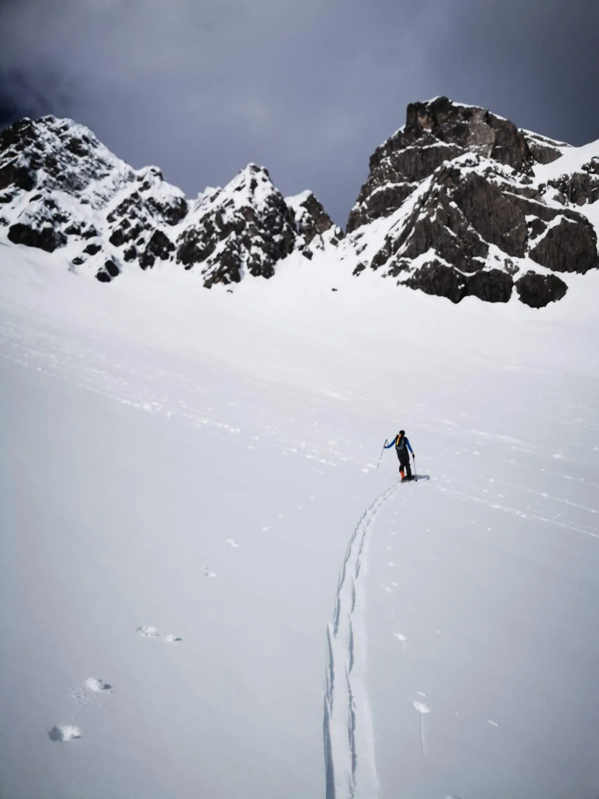 Ski Touring in the Lechtal with a Ski Guide: A lone ski tourer ascending a snowy valley.