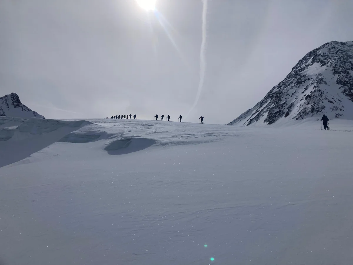 Ski Touring in Sellrain with a Mountain Guide: Ski touring group on a snowy crossing backlit by the sun.