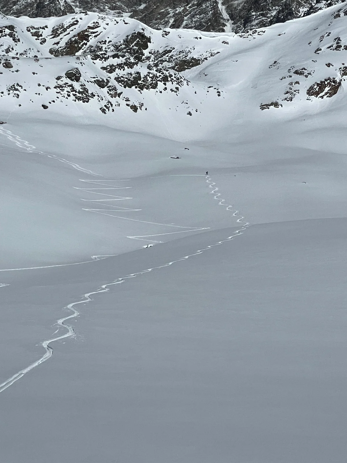 Skitouren in Georgien - Ushguli - Svanetien: Einzelne geschwungene Skispur in unberührtem Pulverschnee.