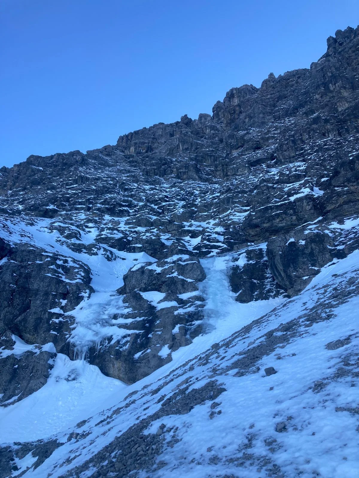 Winter Mountaineering on Thaneller: Snow-covered rock slope with a narrow snow gully.
